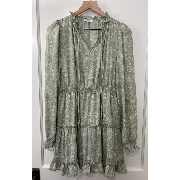 mine Dresses & Skirts - Mine Women's Green Snake Print Ruffle Tiered Long Sleeve Dress Size L